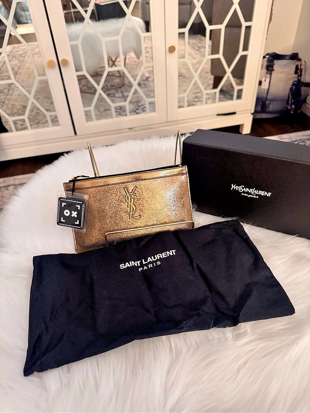 Saint Laurent (YSL) Metallic Gold Leather Pouch/Bill Wallet/ Clutch - Picture 2 of 12